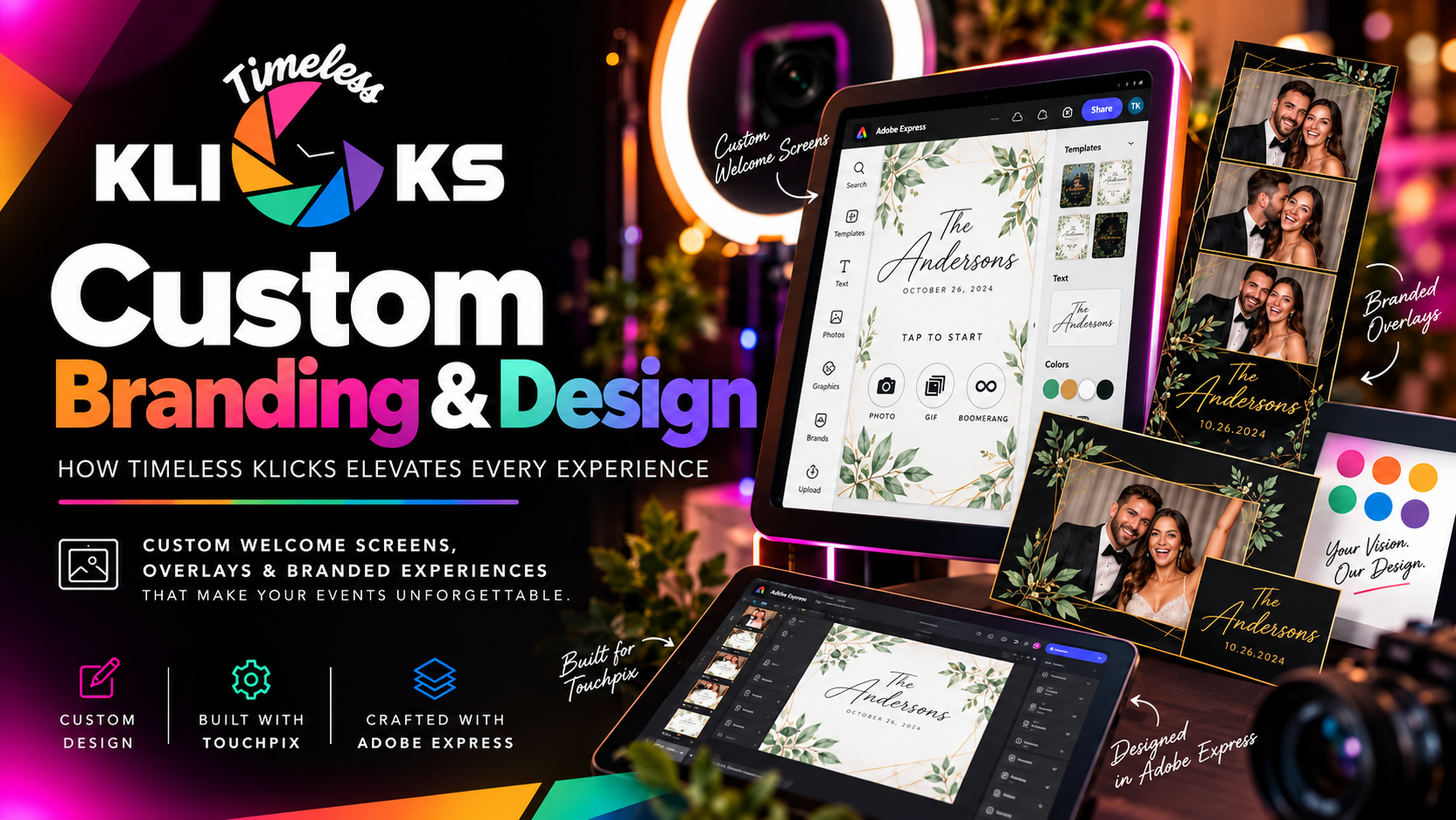 Timeless Klicks custom photo booth branding and design featuring personalized welcome screens, photo overlays, Touchpix, and Adobe Express.